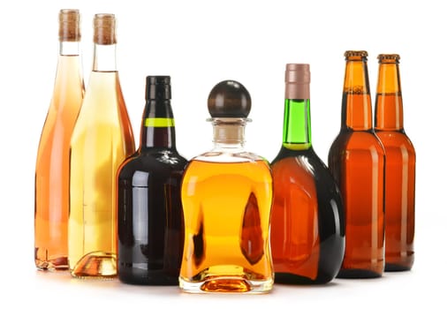Assorted alcoholic beverages isolated on white