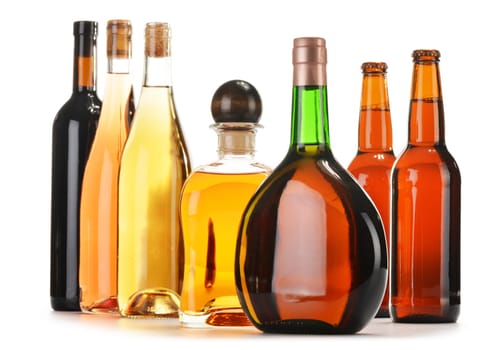 Assorted alcoholic beverages isolated on white
