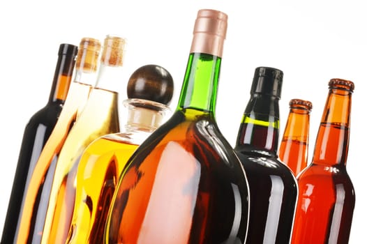 Assorted alcoholic beverages isolated on white