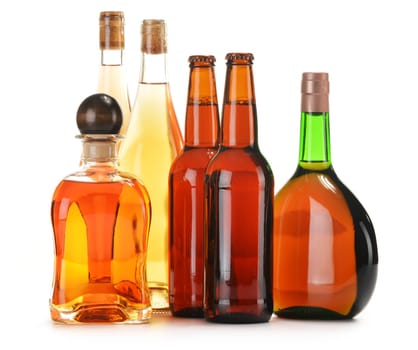 Assorted alcoholic beverages isolated on white