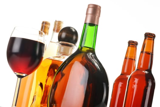 Assorted alcoholic beverages isolated on white