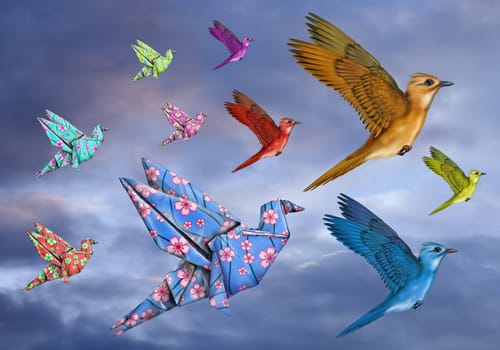 Origami and stylized birds flying across the sky