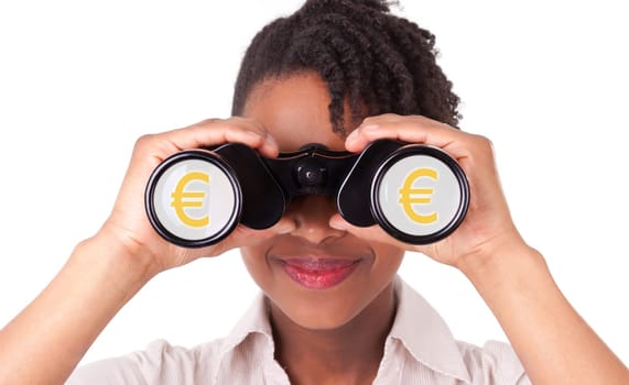 Young black / african american business woman using binoculars, isolated on white background