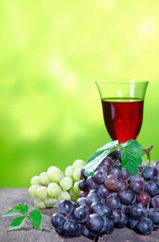 Bunches of fresh red and white grapes with an elegant glass of red wine outdoors against a blurred green backdrop with copyspace