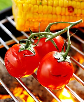Three ripe red cherry tomatoes still attached to the vine balanced on a barbecue grid grilling over a fire
