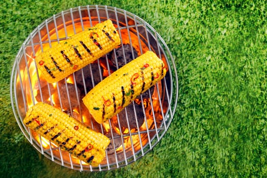 Overhead view of ripe yellow corn on the cob grilling over hot coals in a portable barbecue on a green lawn with copyspace