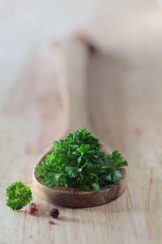 Fresh crinkly parsley leaves on a wooden kitchen spoon with shallow dof and copy space