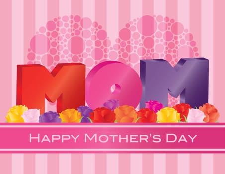 Happy Mothers Day MOM Alphabets with Heart Shape Polka Dots and Roses on Pink Stripes Pattern Background Illustration