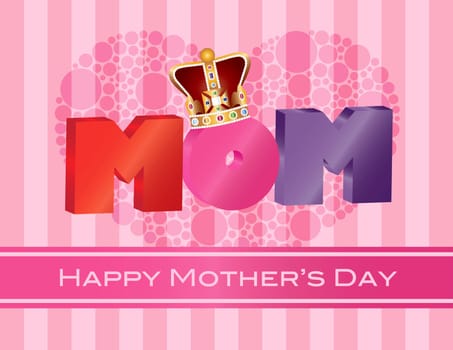 Happy Mothers Day MOM Alphabets with Heart Shape Polka Dots and Crown on Pink Stripes Pattern Background Illustration