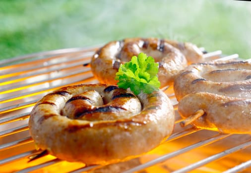 Close up shot of rolled sausage on the grilling pan