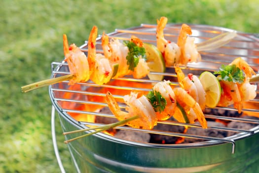 Seafood kebabs with gourmet shelled fresh prawns roasting over the fire on a portable barbecue outside on green grass