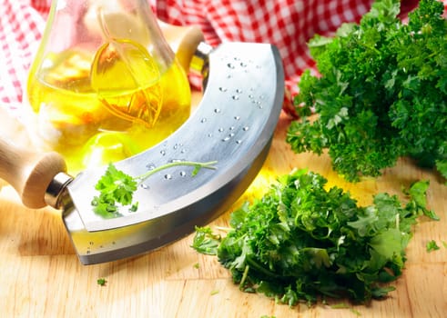 Close up of a modern herb cutter (wiegemes) with wooden handles and a sprig of parsley on the blade.