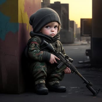 sad baby soldier guarding the front, combat position, green garment , weapons, urban decay, sunset, ai generative art .