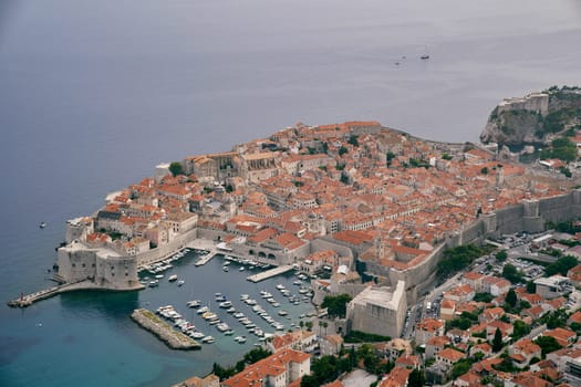 Marina with moored yachts in the port of Dubrovnik. Croatia. Drone. High quality photo