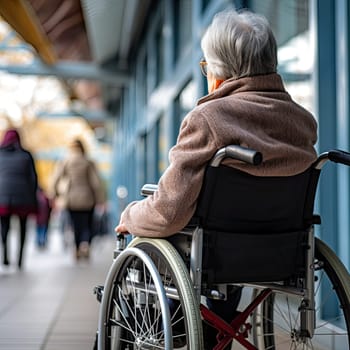 Rear view of an old woman in wheelchair , alone , outdoors.