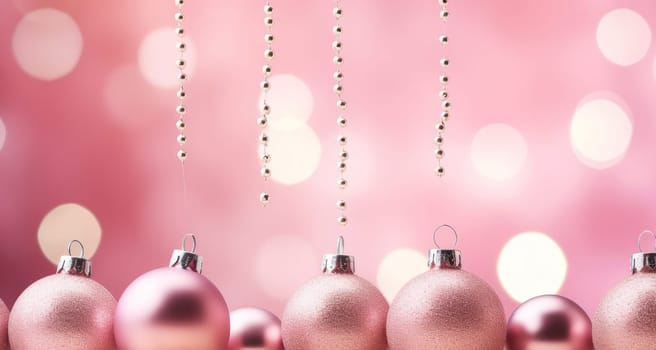 Christmas balls and toys on a pink background with bokeh lights on Christmas Eve