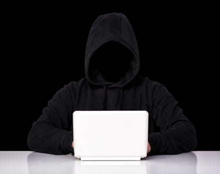 portrait of hacker isolated on black background