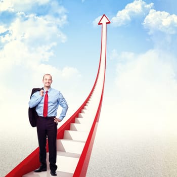 smiling man on 3d red arrow