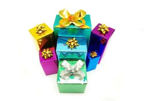 Christmas box gifts with satin bow isolated on white background