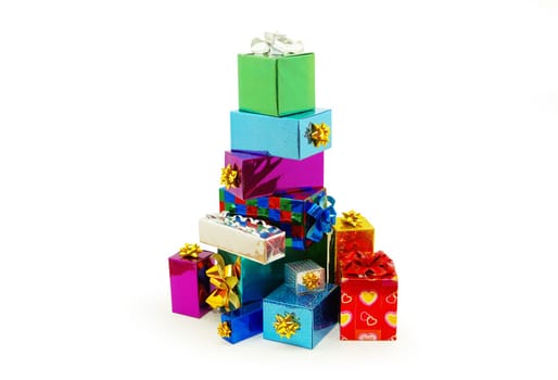 Christmas box gifts with satin bow isolated on white background