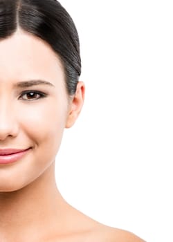 Beauty portrait of young asian woman smiling, isolated over white background.
