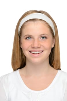 Happy young blonde girl smiling clean skin portrait