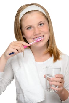 Dental hygiene brushing teeth young girl toothbrush glass water