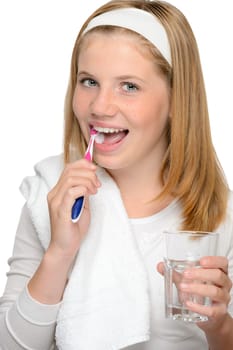 Happy teenage girl brushing teeth toothbrush dental hygiene care