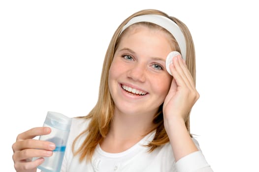 Young cheerful girl removing make-up cleansing pad cleaning water facial