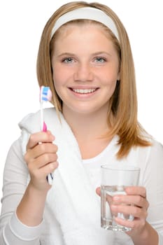 Young girl holding toothbrush glass water brushing teeth