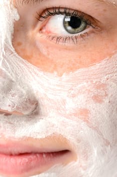 Smiling girl moisturizer facial face white mask eye