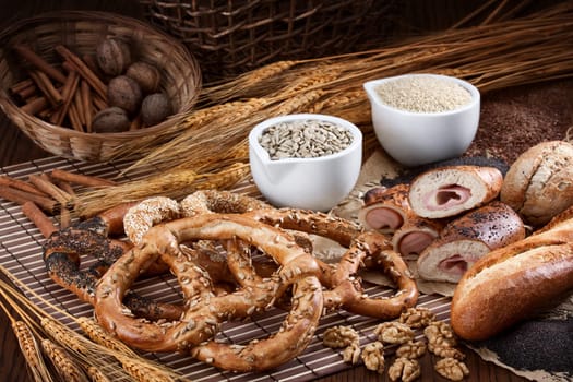 Group of different bakery products and seeds