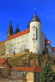 The castle hill of Meissen,Saxony,in the foreground the bishop's castle (today the district court),in the background the towers of the cathedral