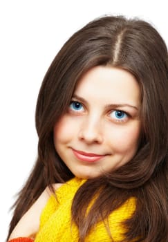 Portrait of a beautiful young woman with yellow scarf over white