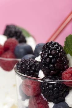 Yoghurt mousse dessert with colourful berries and mint leaves