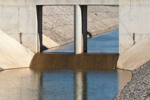Almost finished sluice gate in the water diversion canal upstream the Alvito reservoir near Oriola village, part of the Alqueva Irrigation Plan, Alentejo, Portugal