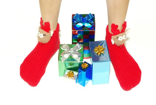 Christmas box gifts with satin bow isolated on white background