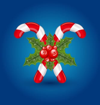 Illustration Christmas sweet canes with holly berry isolated - vector