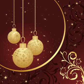 Illustration Christmas floral card with gold balls - vector