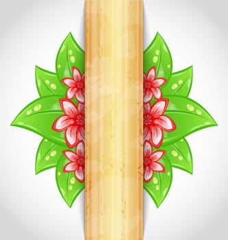 Illustration eco friendly background with green leaves, flower, wooden texture - vector
