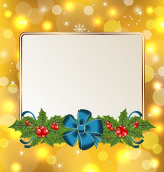 Illustration Christmas cute card with mistletoe and bow - vector