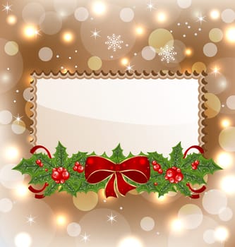 Illustration Christmas elegant card with mistletoe and bow - vector