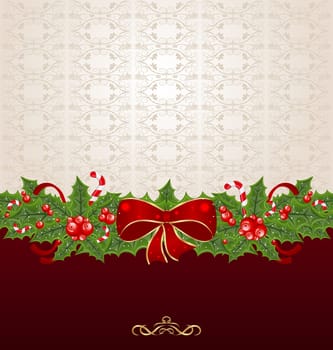 Illustration beautiful Christmas background with mistletoe, bow and pine - vector