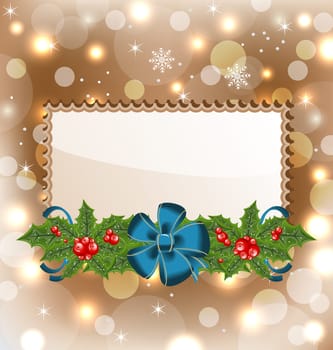 Illustration Christmas elegant card with mistletoe and bow - vector