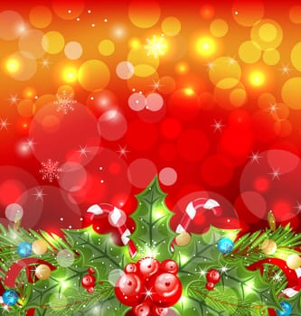 Illustration Christmas glowing background with holiday decoration - vector