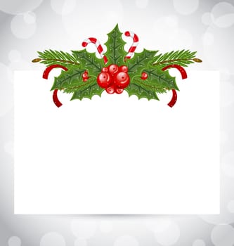 Illustration Christmas elegant card with holiday decoration (holly berry, pine, sweet cane) - vector