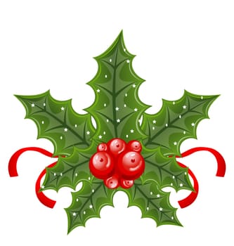 Illustration Christmas holly berry branches and ribbon isolated on white background - vector