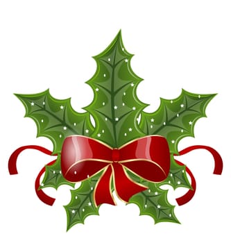 Illustration Christmas holly berry branches and bow isolated on white background - vector