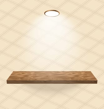 Illustration vintage wallpapered room with light wooden shelf - vector