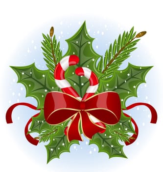 Illustration Christmas holly berry branches and bow isolated on white background - vector